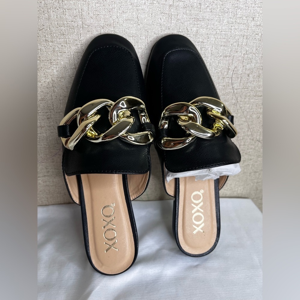 XOXO Black Mules with Gold Chain Accent - Picture 5 of 7